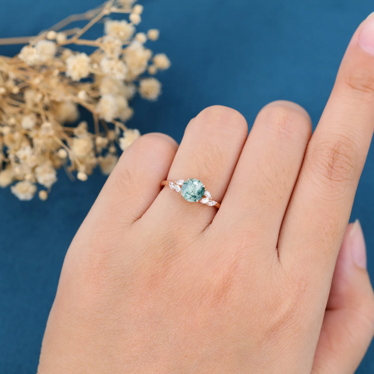 Round cut Moss Agate Matching Moissanite | Diamonds Gold Engagement Ring - Image 2