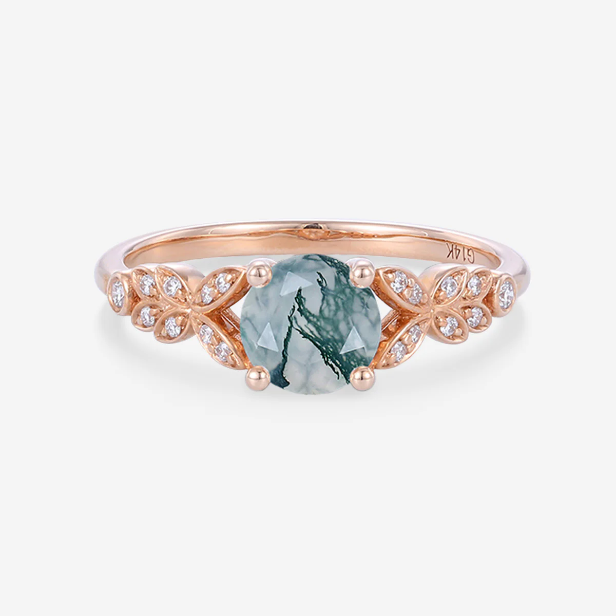 Round cut Moss Agate Matching Moissanite | Diamonds Gold Engagement Ring