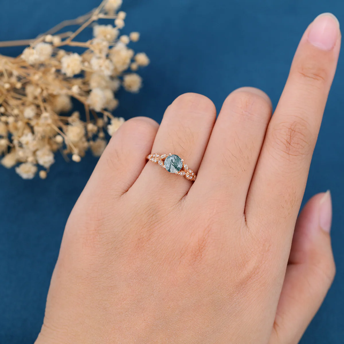 Round cut Moss Agate Matching Moissanite | Diamonds Gold Engagement Ring - Image 2
