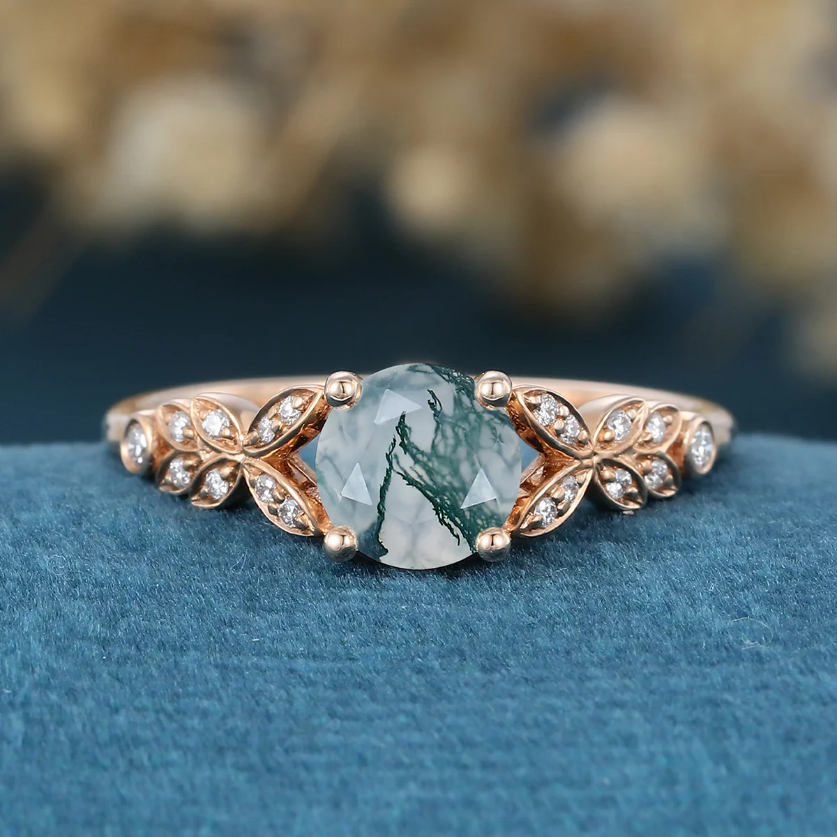 Round cut Moss Agate Matching Moissanite | Diamonds Gold Engagement Ring - Image 3
