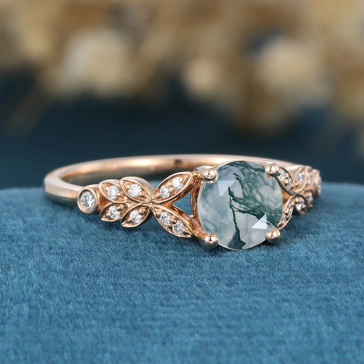 Round cut Moss Agate Matching Moissanite | Diamonds Gold Engagement Ring - Image 4