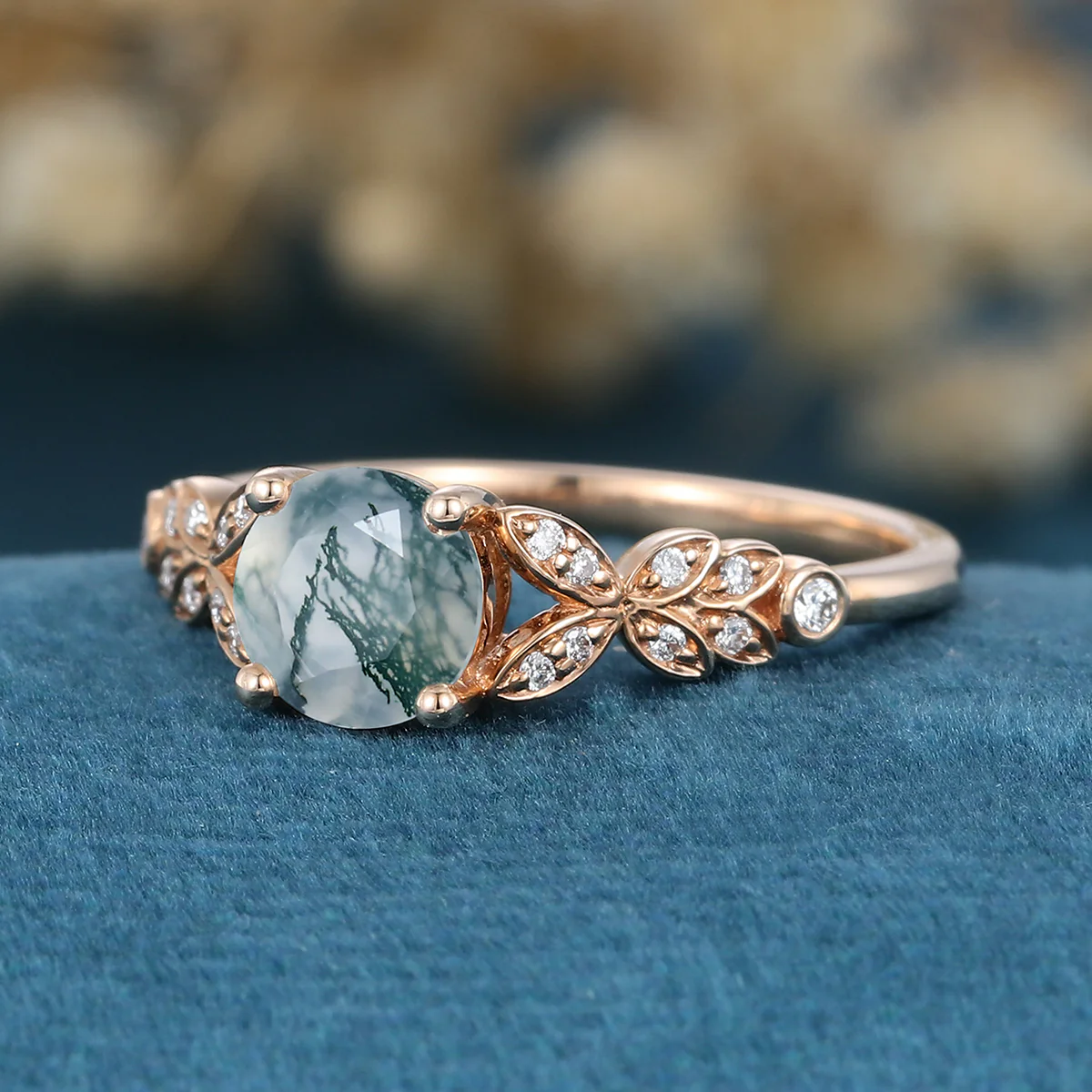 Round cut Moss Agate Matching Moissanite | Diamonds Gold Engagement Ring - Image 5