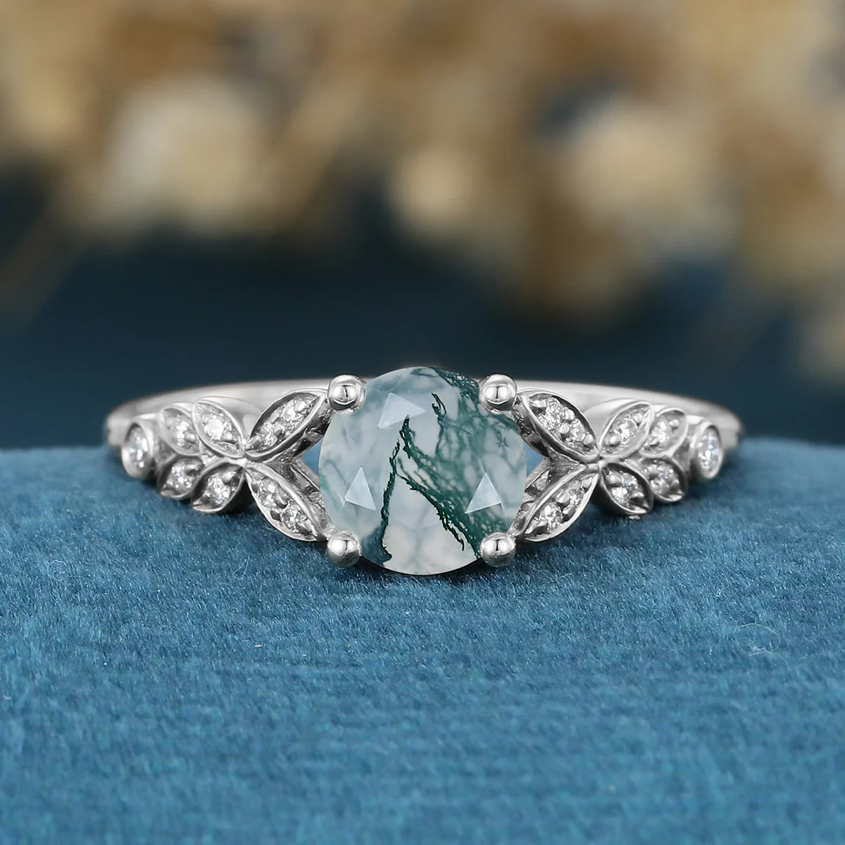 Round cut Moss Agate Matching Moissanite | Diamonds Gold Engagement Ring - Image 7