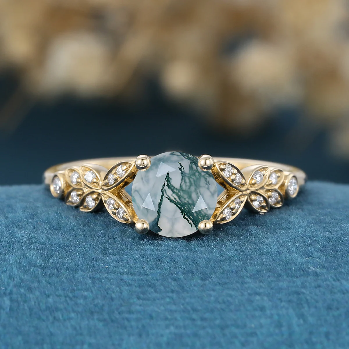 Round cut Moss Agate Matching Moissanite | Diamonds Gold Engagement Ring - Image 8