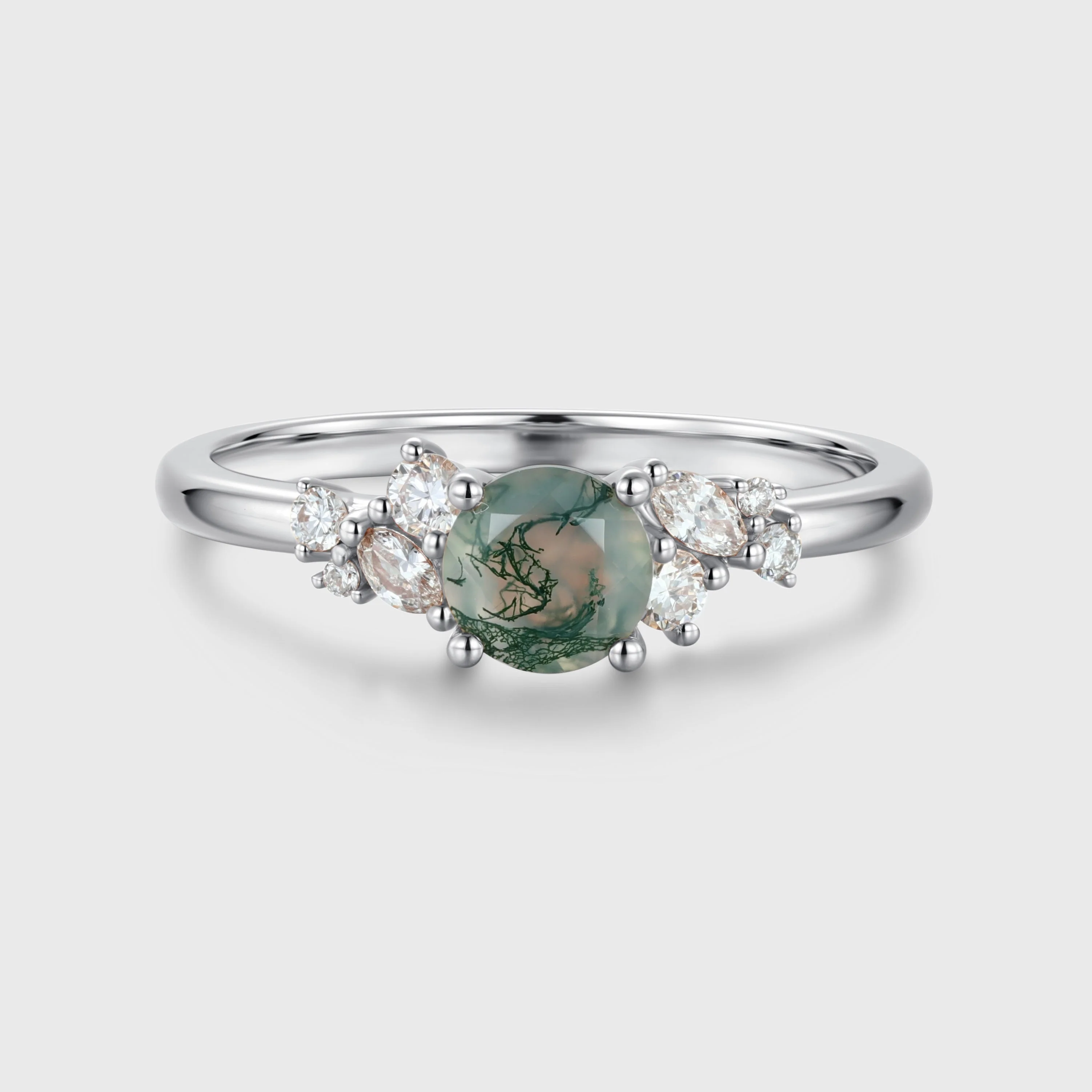 Round cut Moss Agate Matching Moissanite | Diamonds Gold Engagement Ring