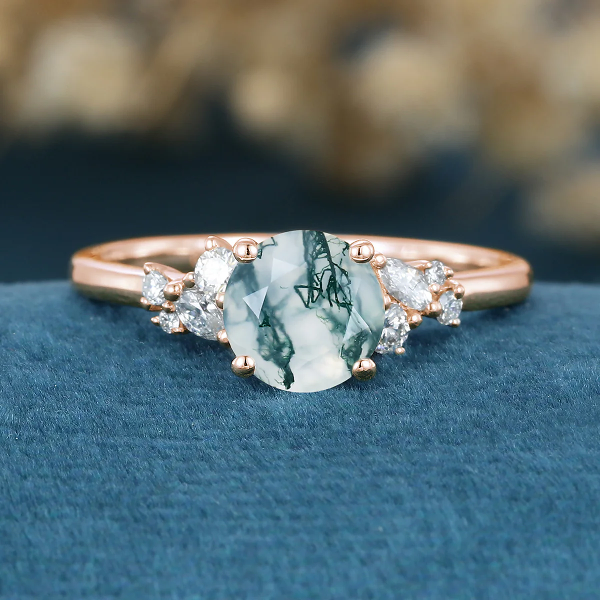 Round cut Moss Agate Matching Moissanite | Diamonds Gold Engagement Ring - Image 10