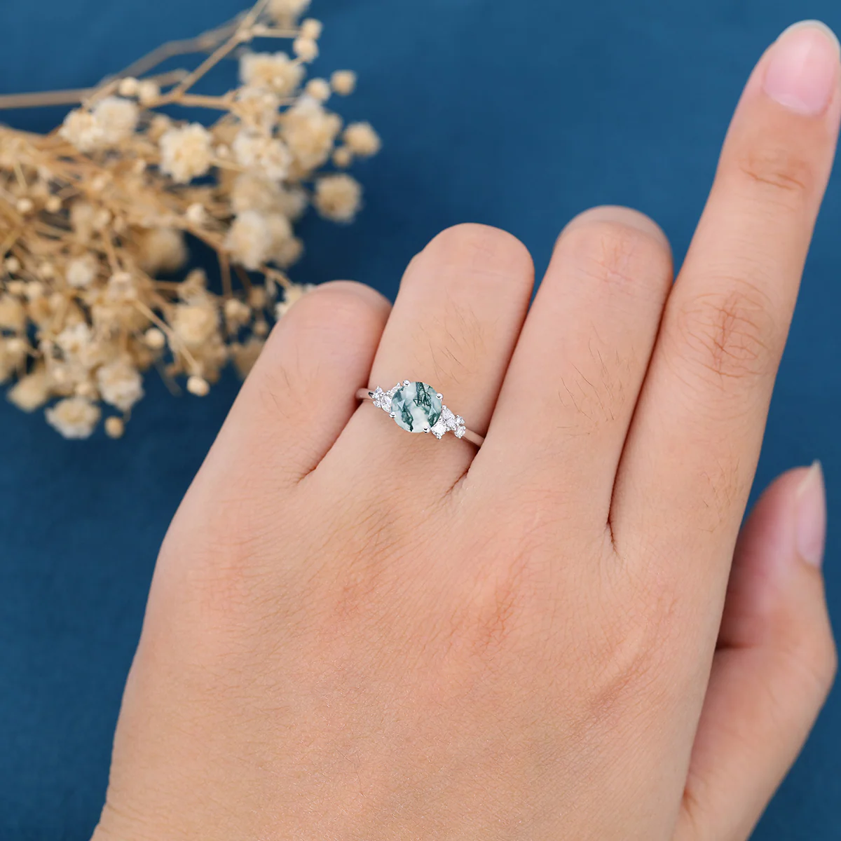 Round cut Moss Agate Matching Moissanite | Diamonds Gold Engagement Ring - Image 2