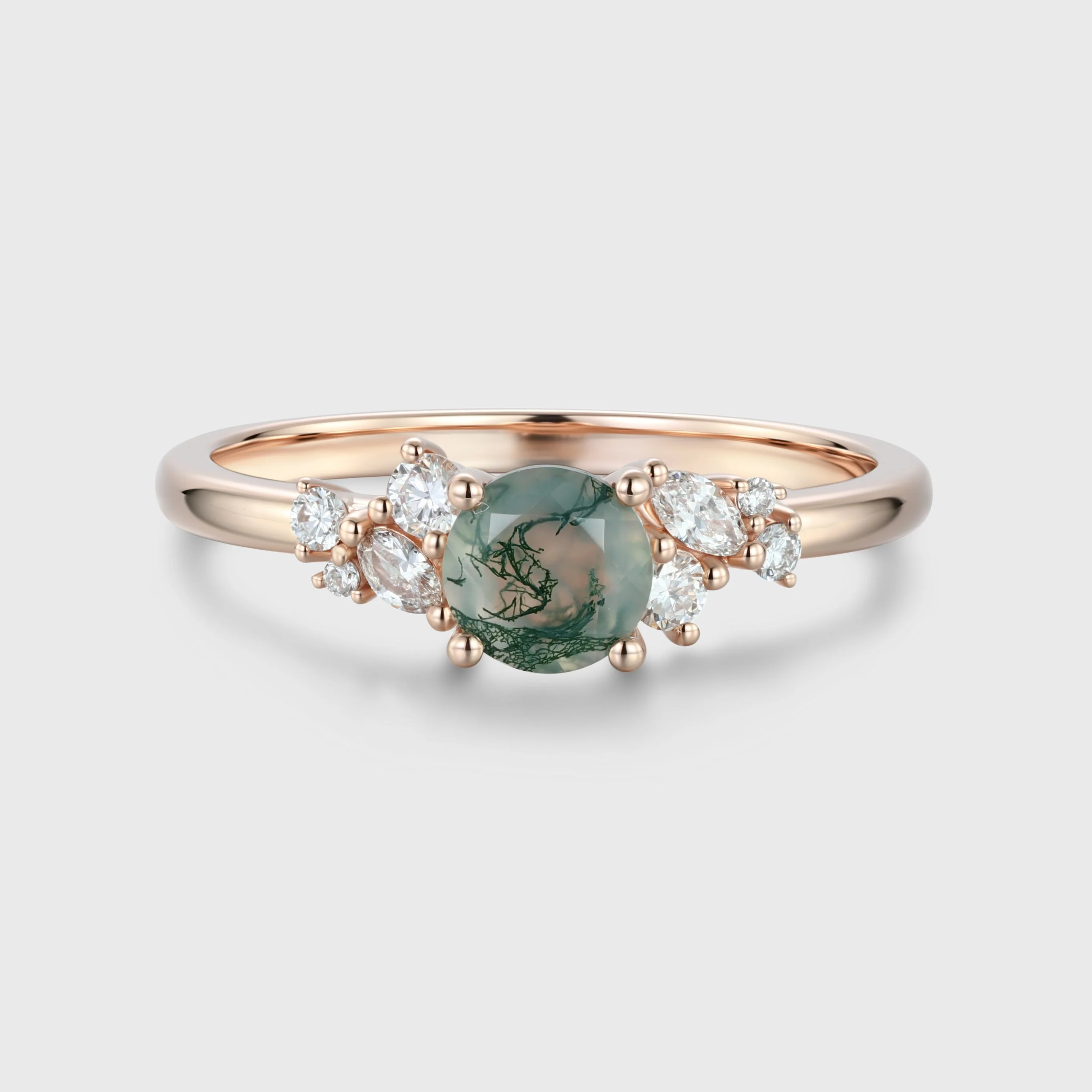 Round cut Moss Agate Matching Moissanite | Diamonds Gold Engagement Ring - Image 3