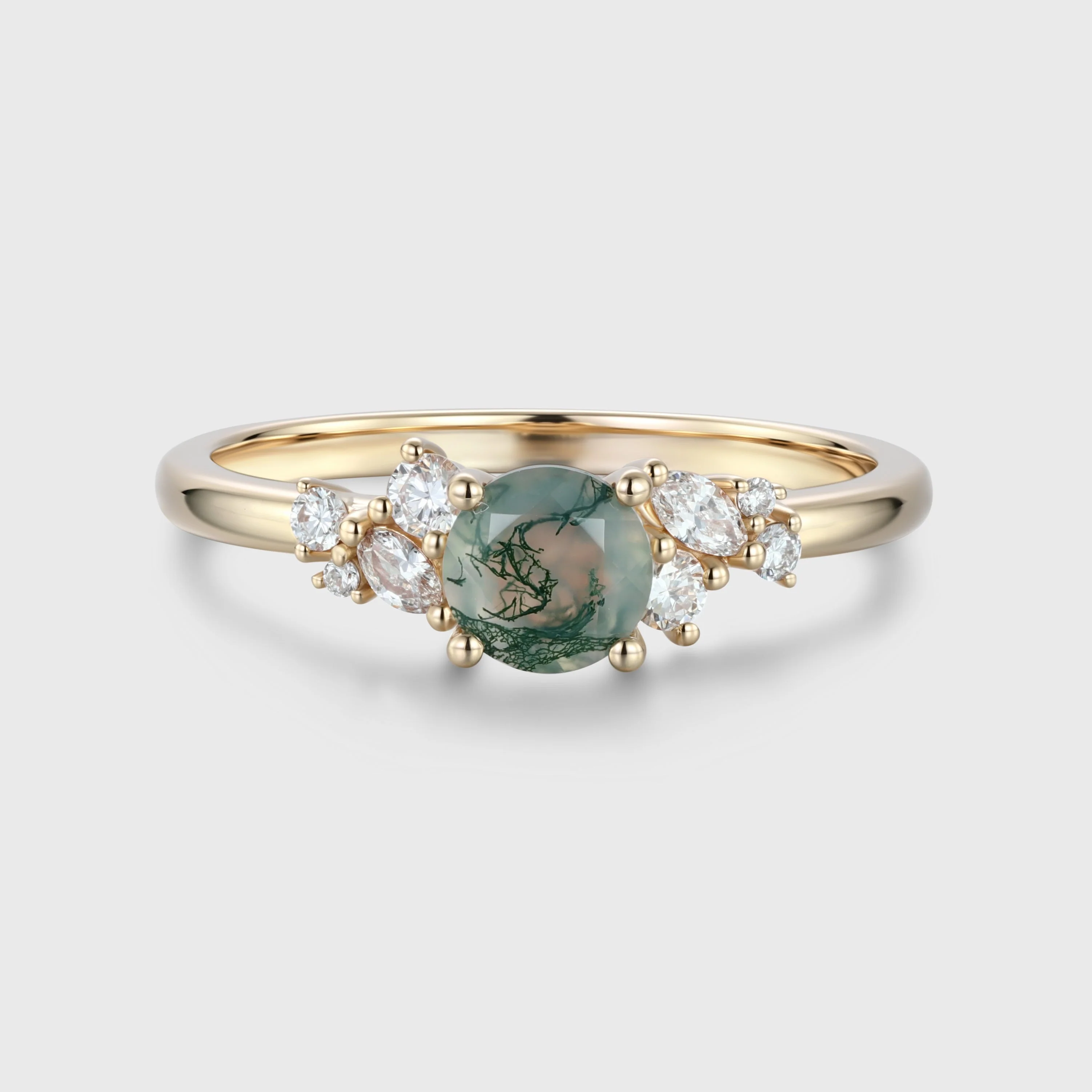 Round cut Moss Agate Matching Moissanite | Diamonds Gold Engagement Ring - Image 5