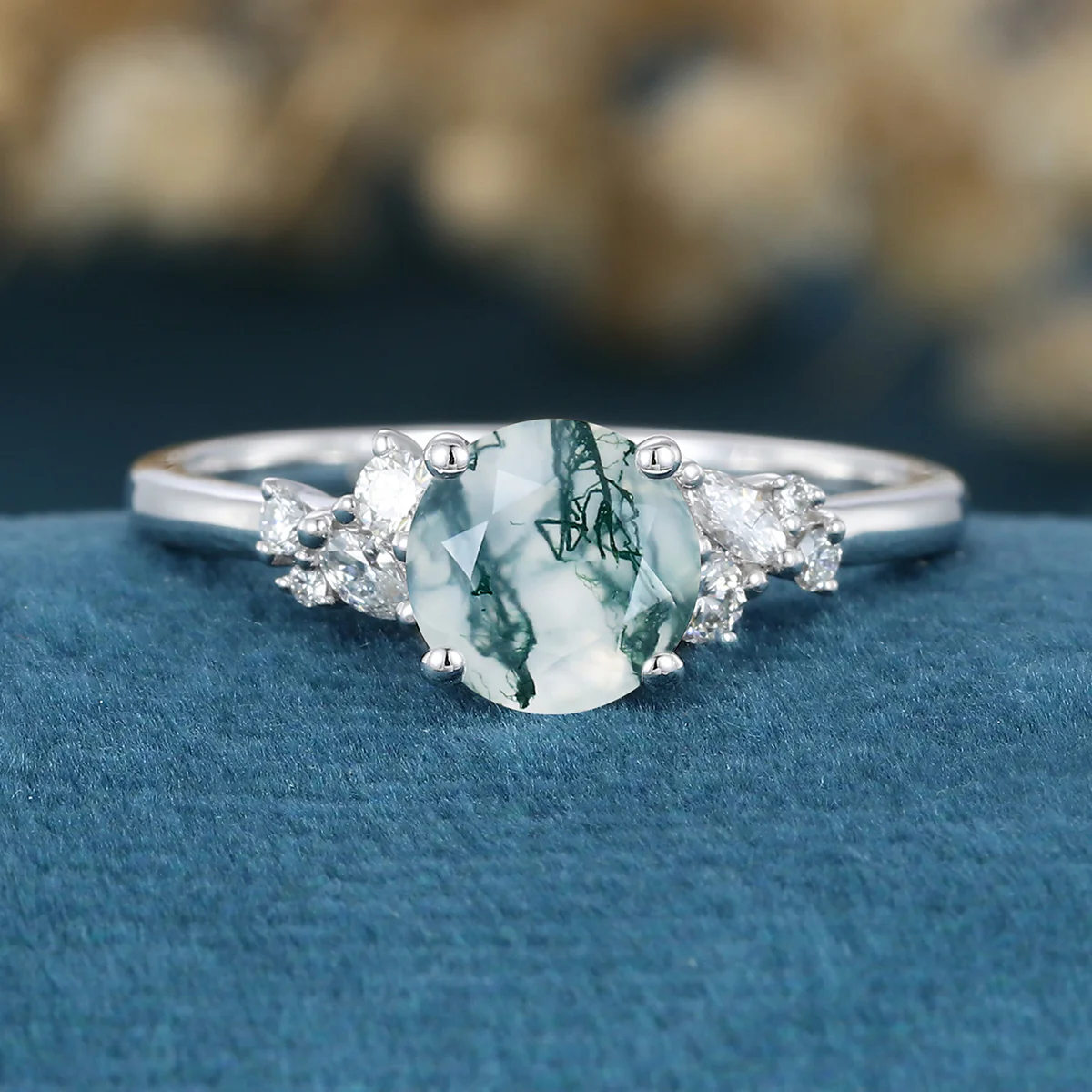 Round cut Moss Agate Matching Moissanite | Diamonds Gold Engagement Ring - Image 6
