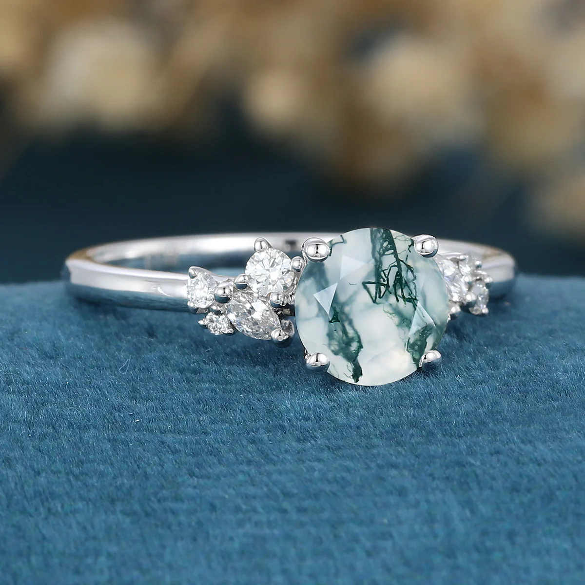 Round cut Moss Agate Matching Moissanite | Diamonds Gold Engagement Ring - Image 8