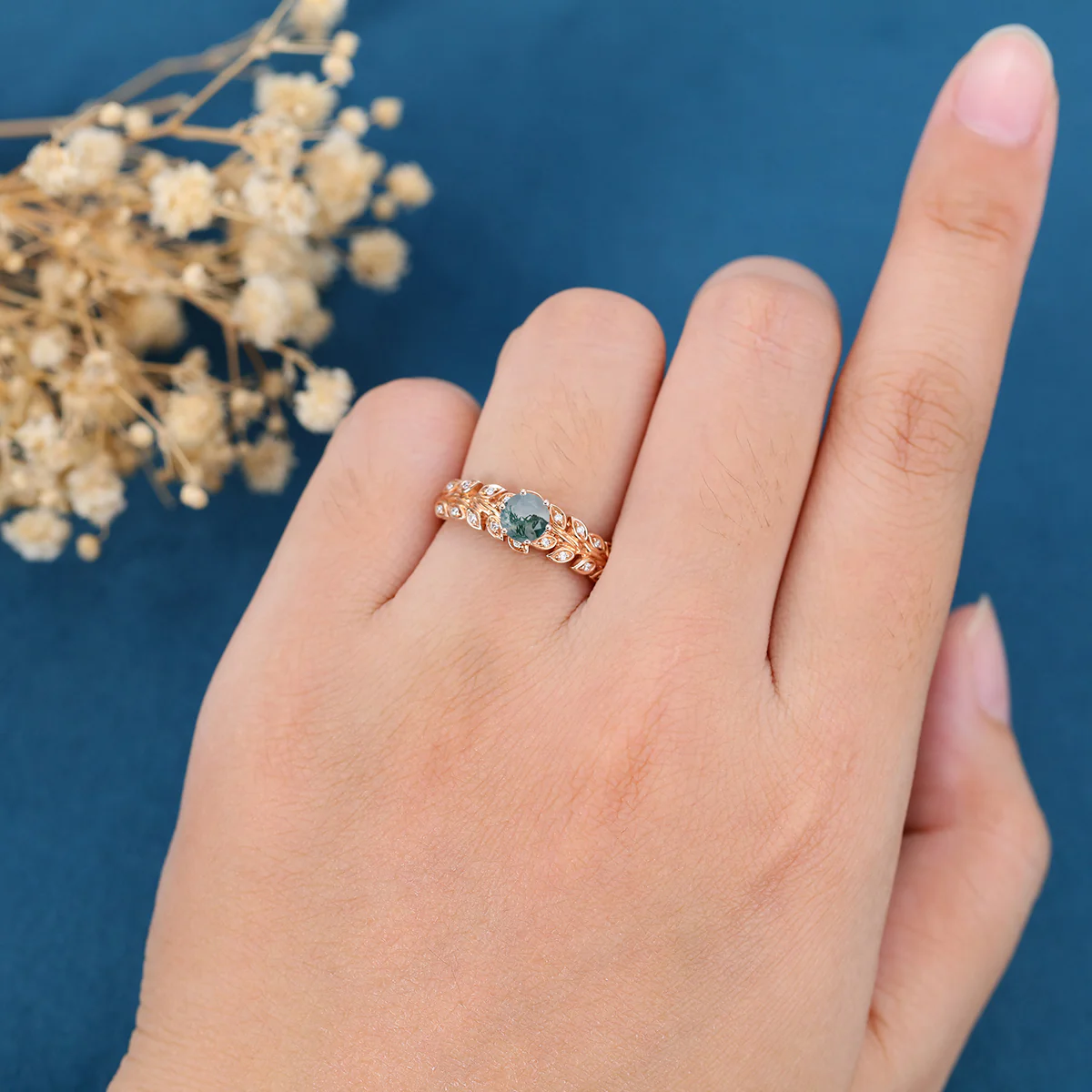 Round cut Moss Agate Matching Moissanite | Diamonds Gold Engagement Ring - Image 2