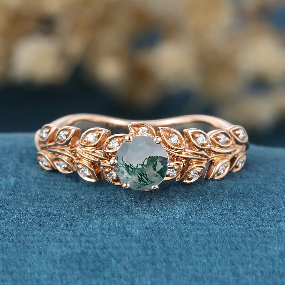 Round cut Moss Agate Matching Moissanite | Diamonds Gold Engagement Ring - Image 3