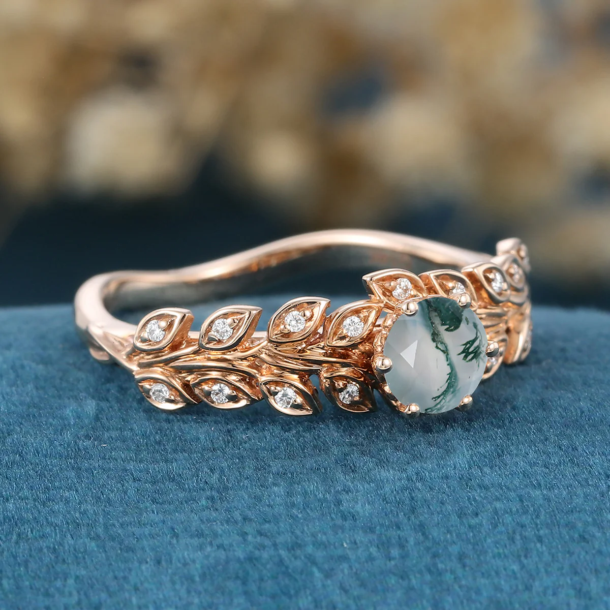 Round cut Moss Agate Matching Moissanite | Diamonds Gold Engagement Ring - Image 4