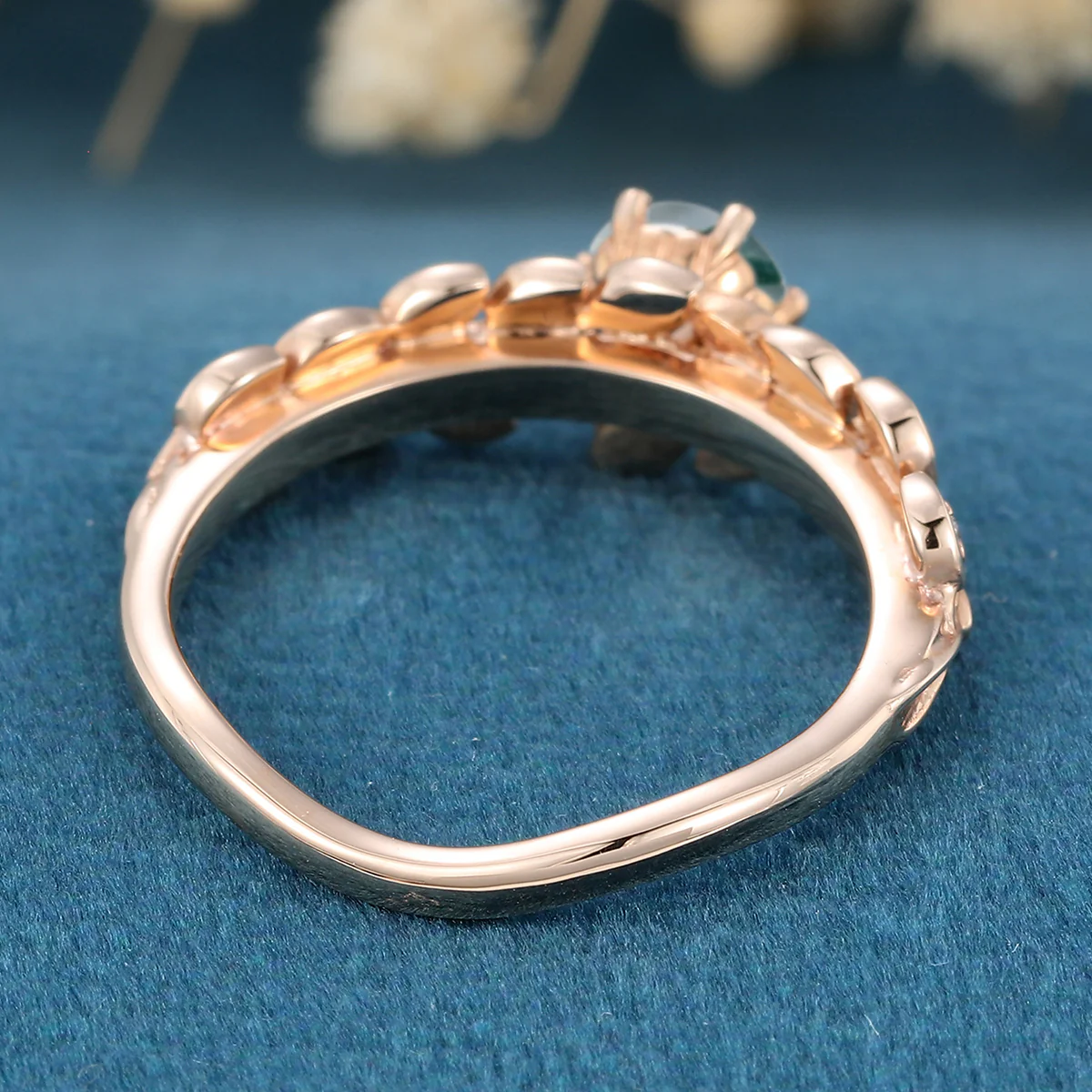 Round cut Moss Agate Matching Moissanite | Diamonds Gold Engagement Ring - Image 6