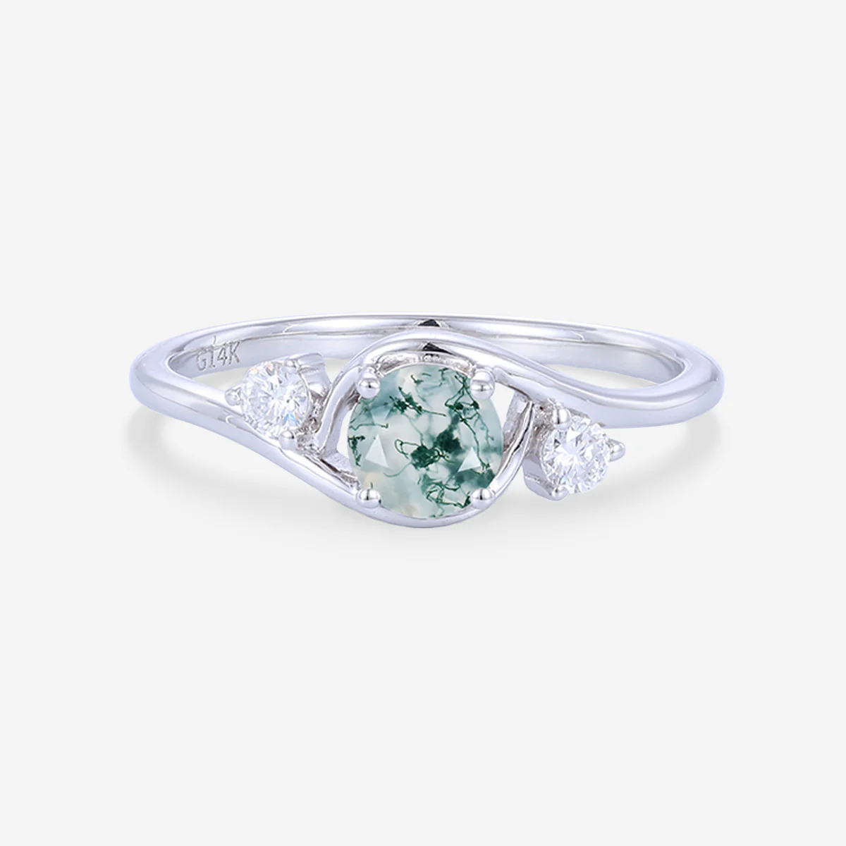 Bezel setting Round cut Moss Agate Halo Gold Engagement Ring