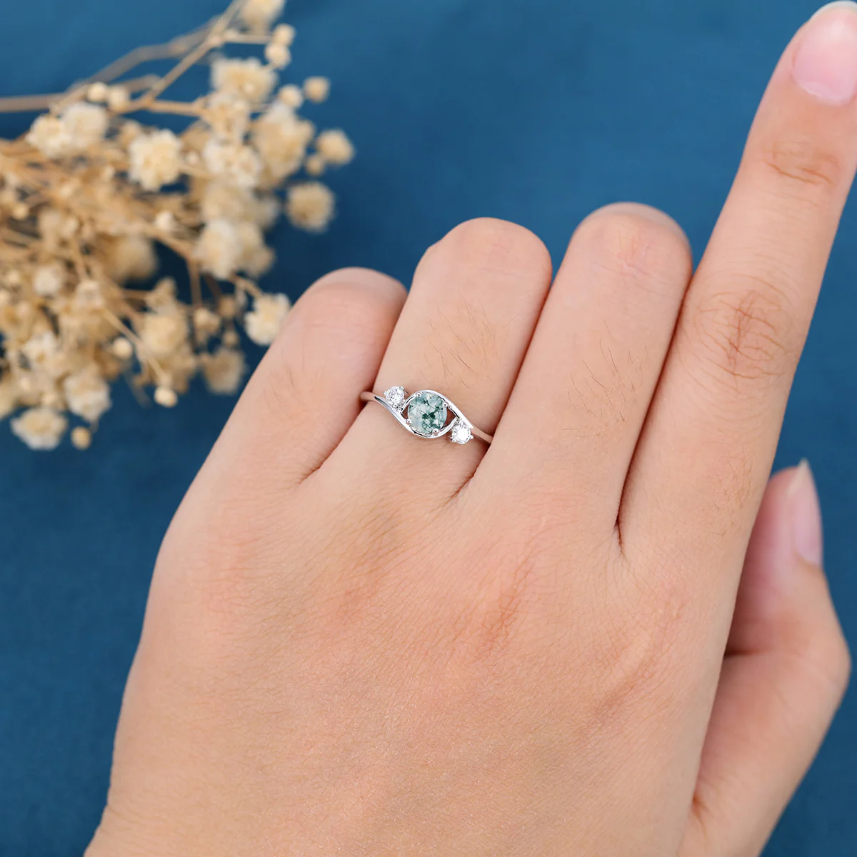 Bezel setting Round cut Moss Agate Halo Gold Engagement Ring - Image 2