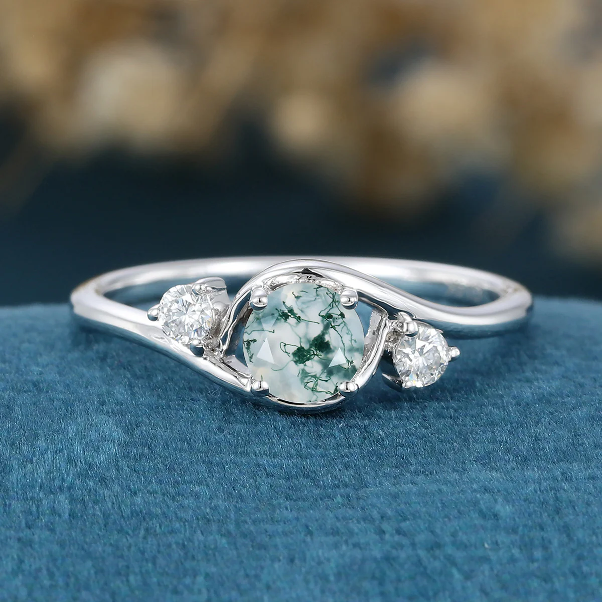 Bezel setting Round cut Moss Agate Halo Gold Engagement Ring - Image 3