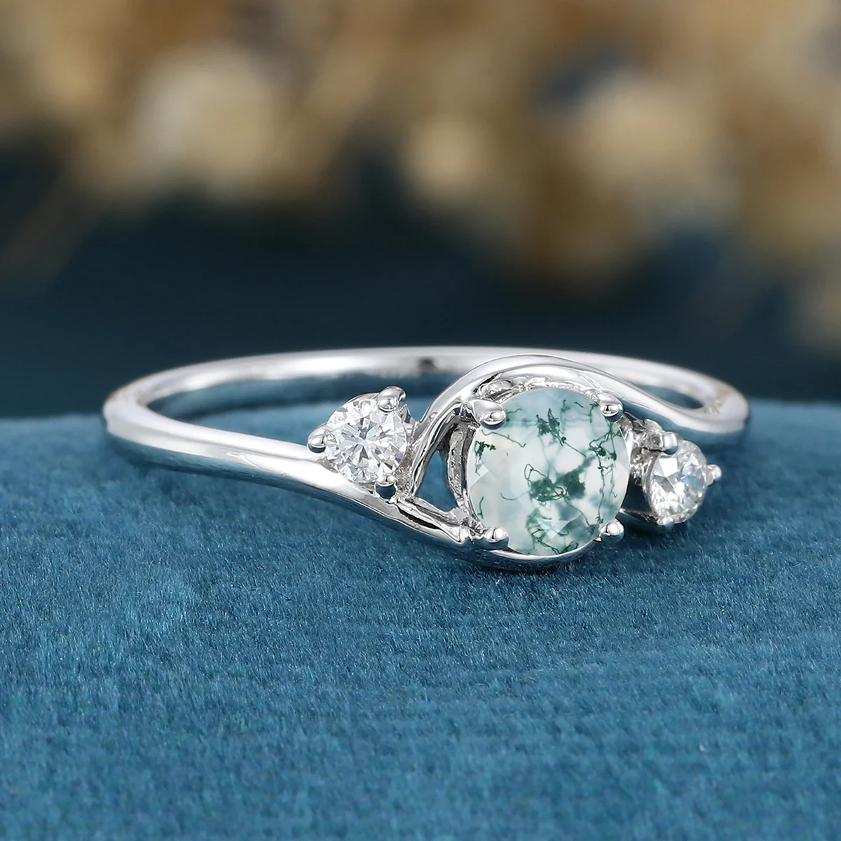 Bezel setting Round cut Moss Agate Halo Gold Engagement Ring - Image 4