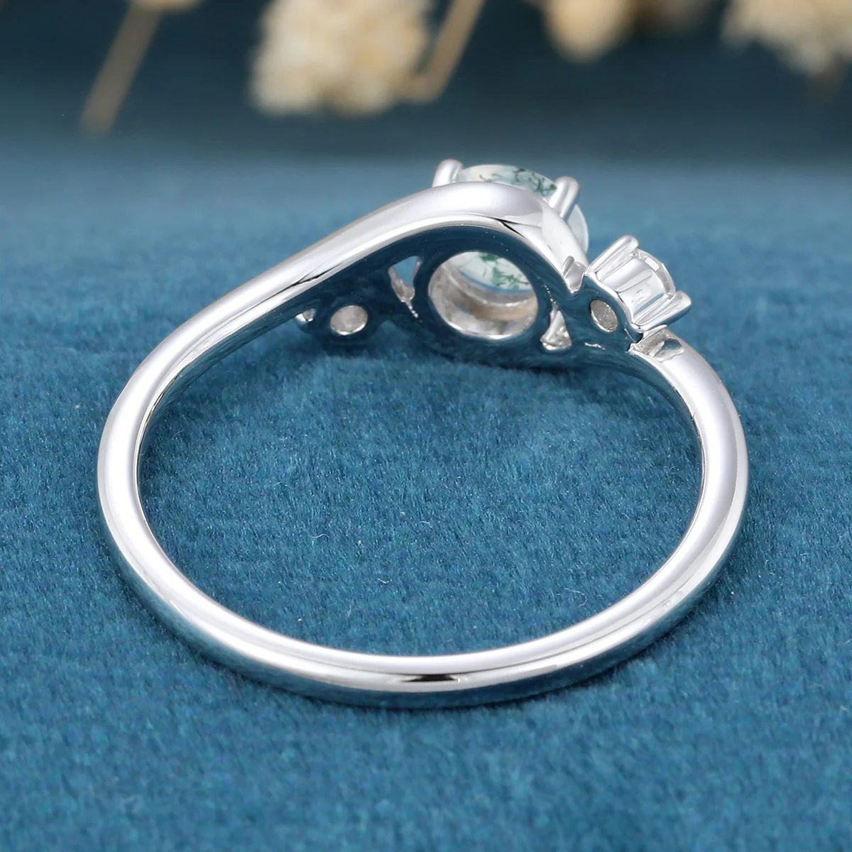 Bezel setting Round cut Moss Agate Halo Gold Engagement Ring - Image 5