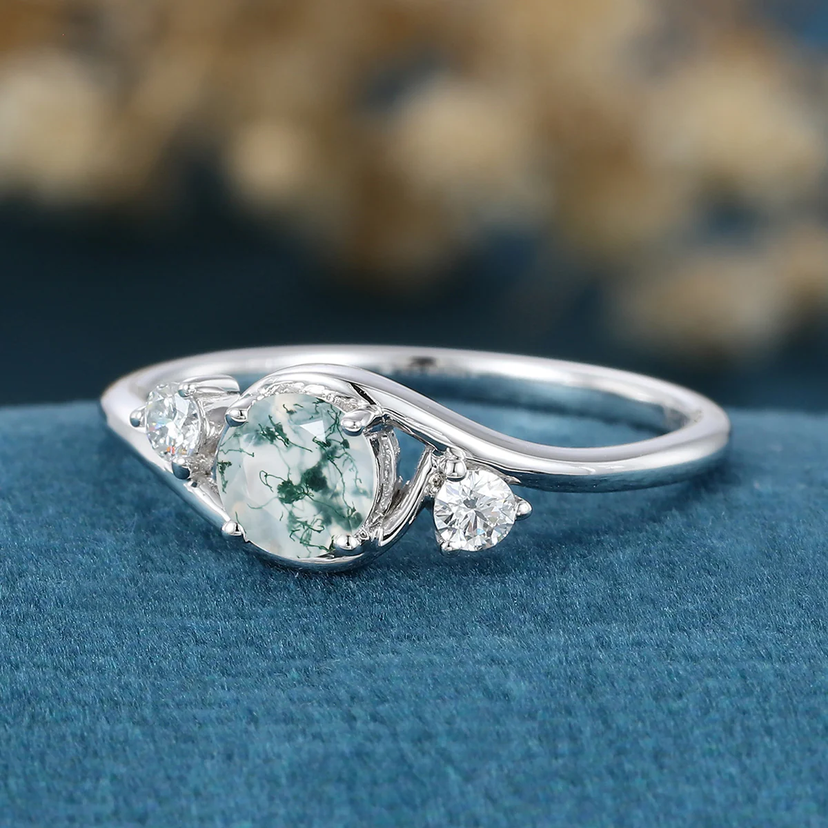 Bezel setting Round cut Moss Agate Halo Gold Engagement Ring - Image 6