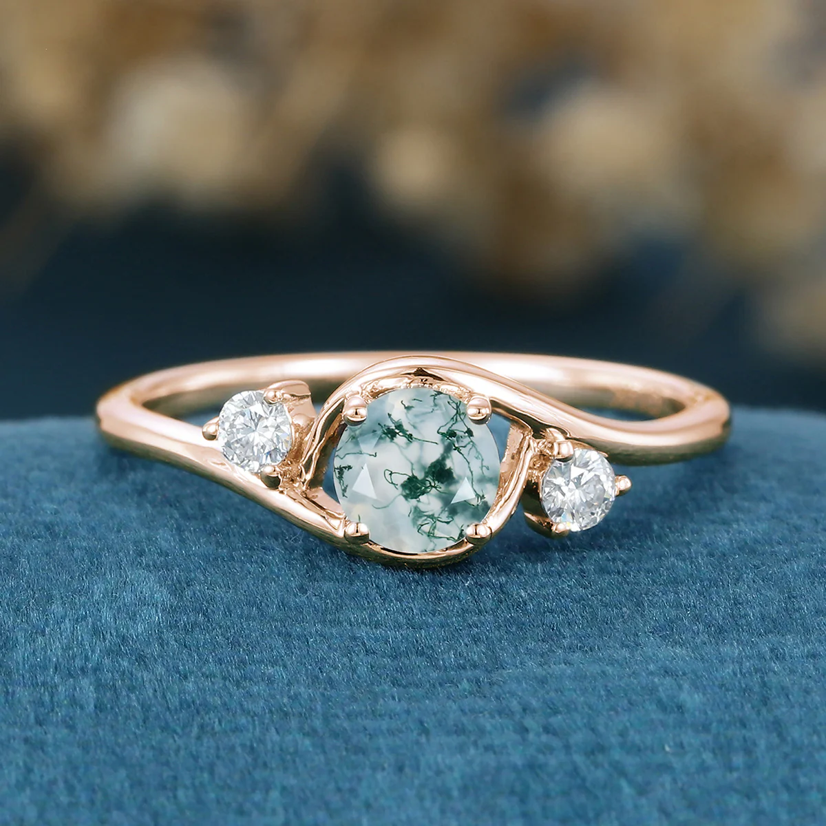 Bezel setting Round cut Moss Agate Halo Gold Engagement Ring - Image 7