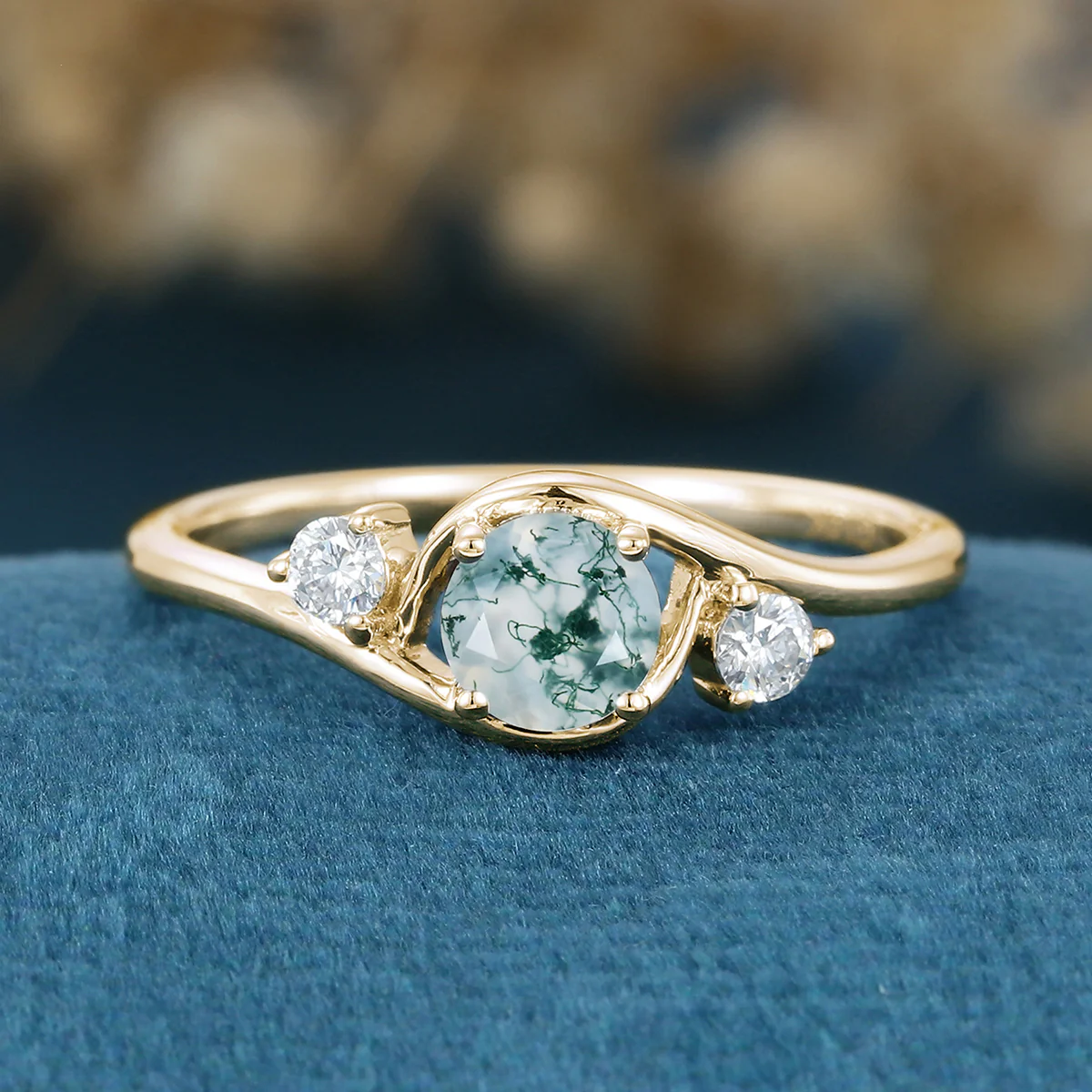 Bezel setting Round cut Moss Agate Halo Gold Engagement Ring - Image 8