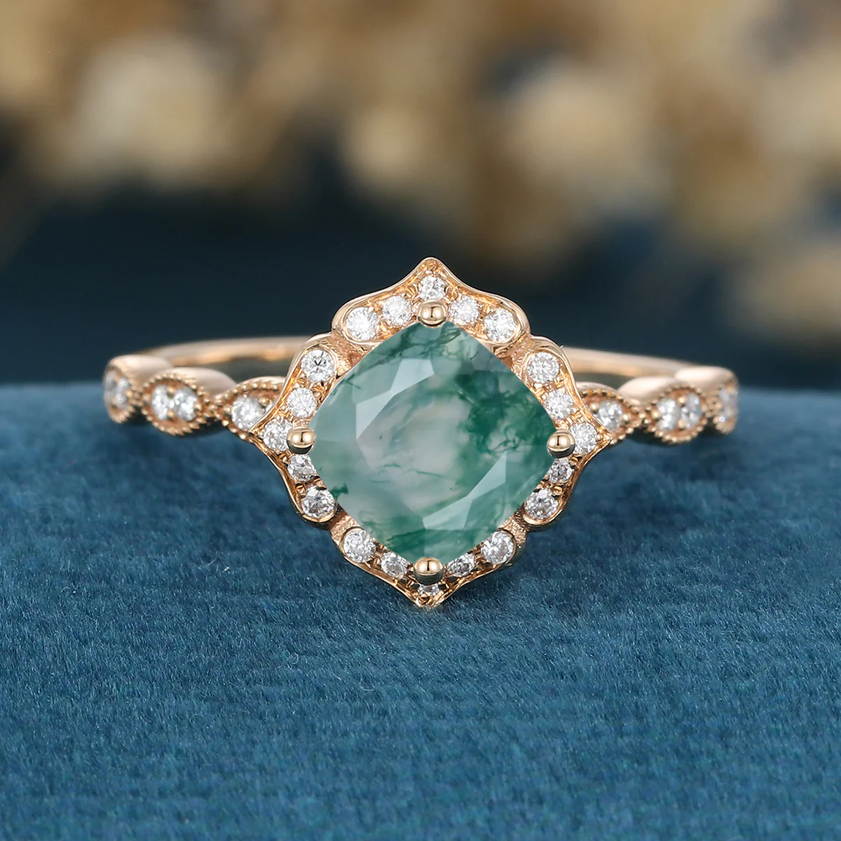 Cushion cut Moss Agate Matching Moissanite | Diamonds Gold Engagement Ring - Image 3