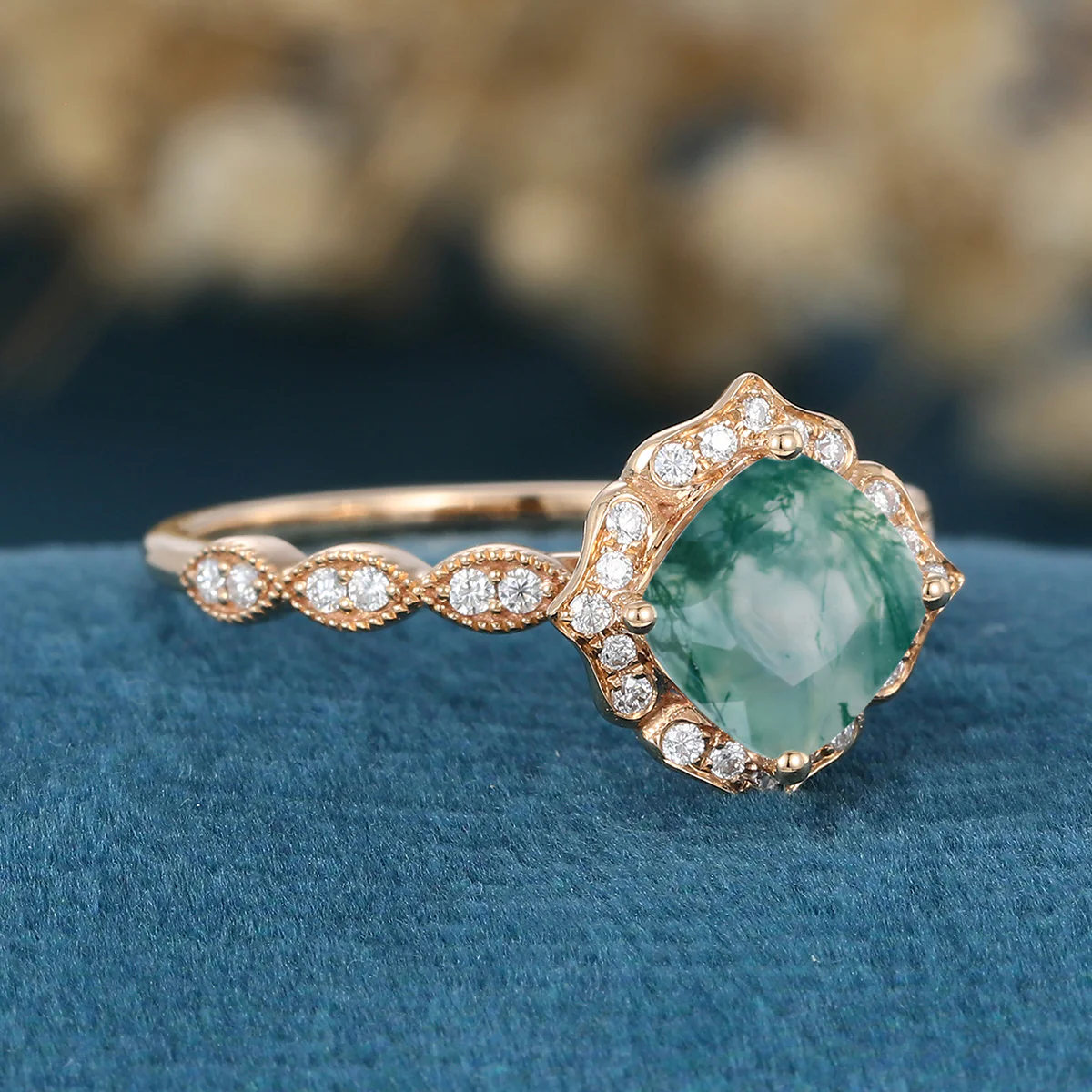 Cushion cut Moss Agate Matching Moissanite | Diamonds Gold Engagement Ring - Image 4