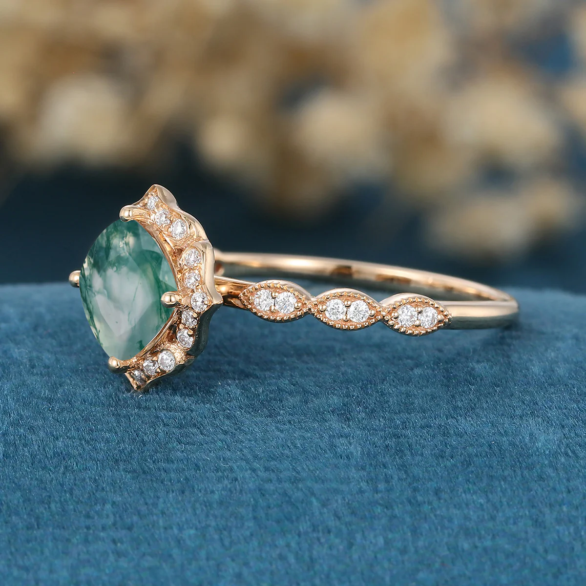 Cushion cut Moss Agate Matching Moissanite | Diamonds Gold Engagement Ring - Image 5