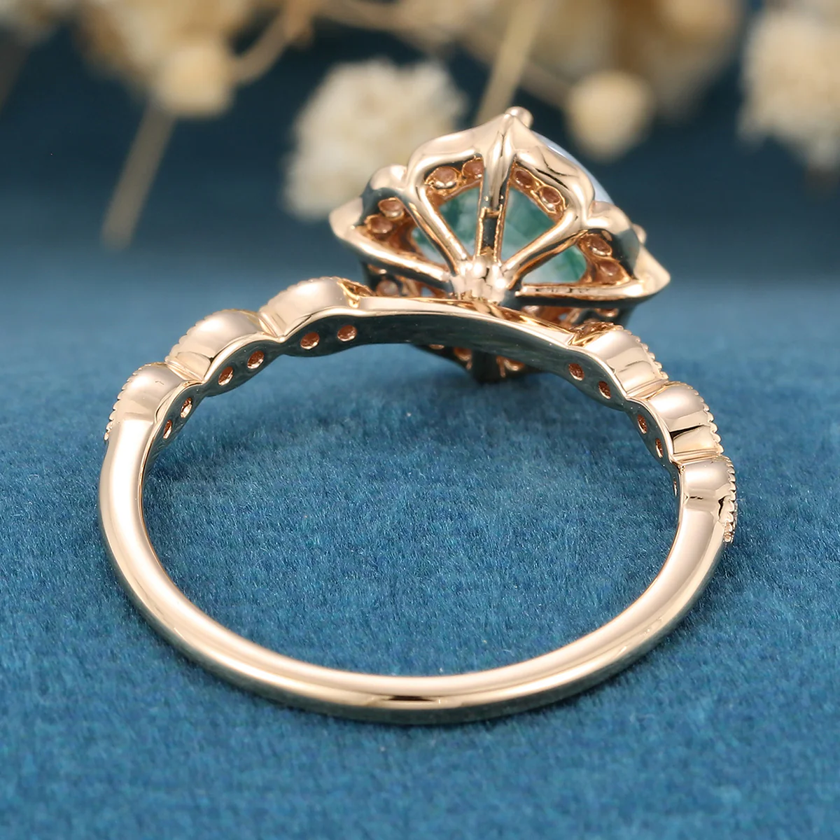 Cushion cut Moss Agate Matching Moissanite | Diamonds Gold Engagement Ring - Image 6