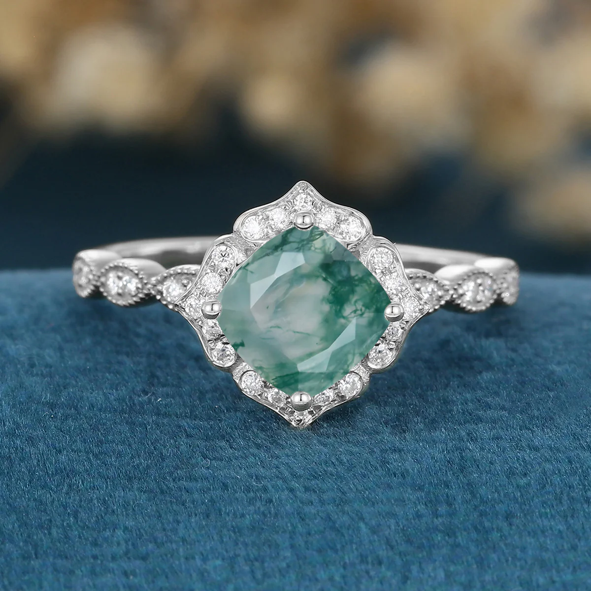 Cushion cut Moss Agate Matching Moissanite | Diamonds Gold Engagement Ring - Image 7
