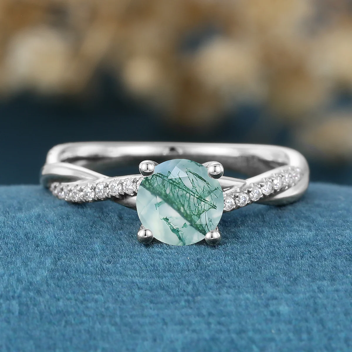 Round cut Moss Agate Matching Moissanite | Diamonds Twig Gold Engagement Ring - Image 7