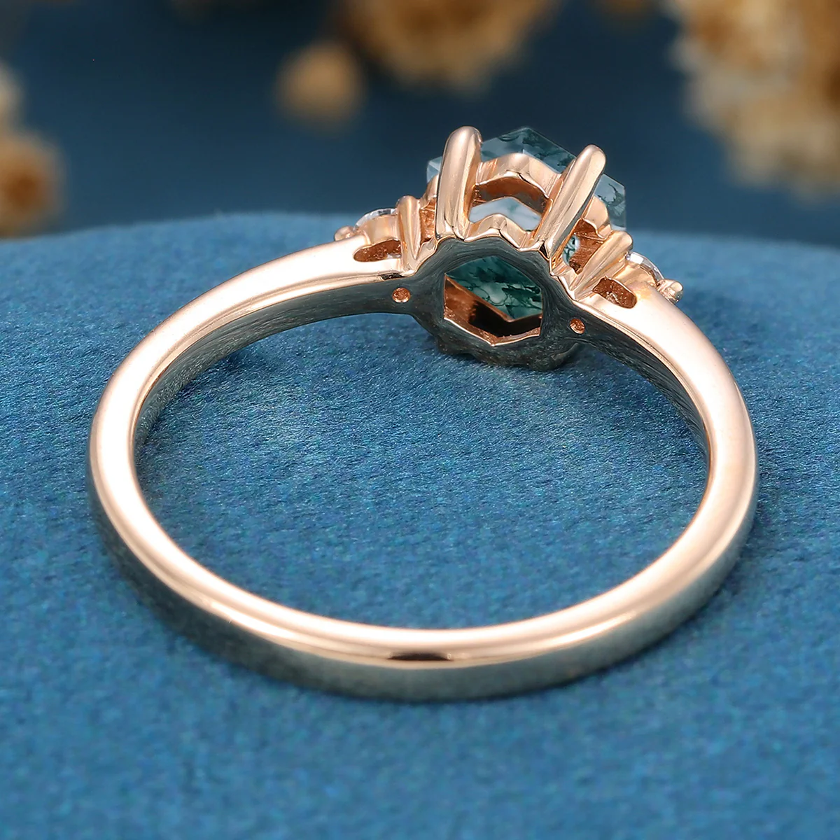 Hexagon Cut Natural Green Moss Agate Cluster Engagement Ring - Image 3