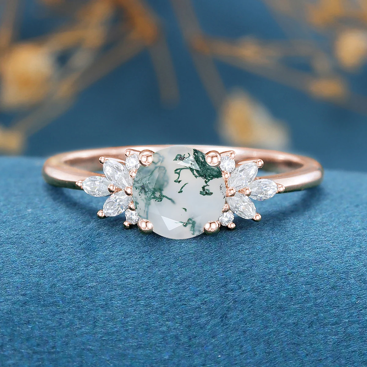 Round Cut Natural Green Moss Agate Cluster Engagement Ring - Image 3