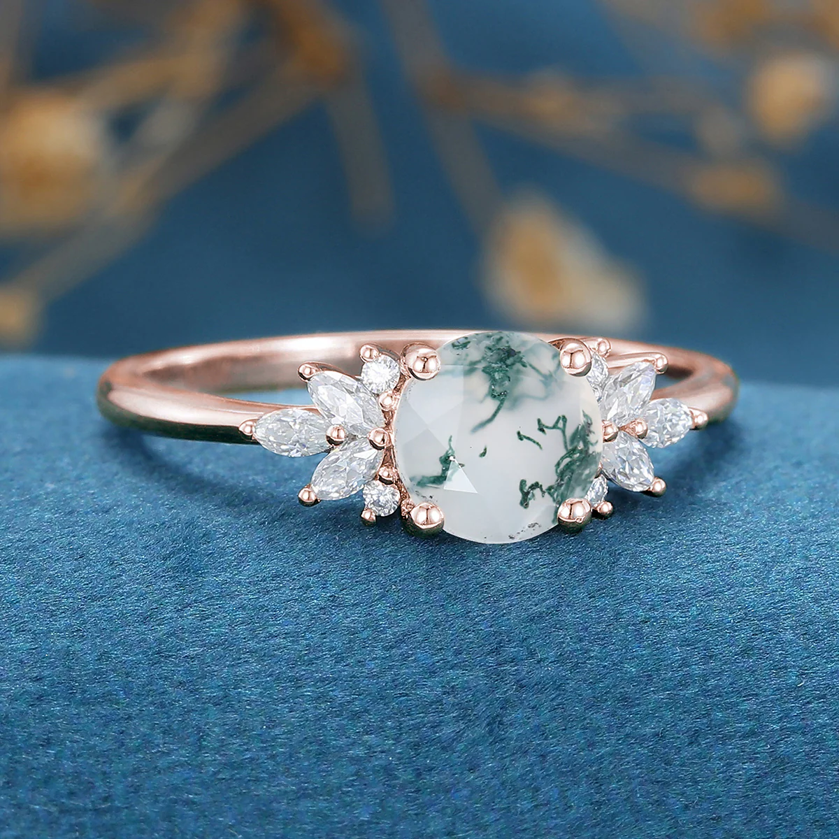 Round Cut Natural Green Moss Agate Cluster Engagement Ring - Image 4
