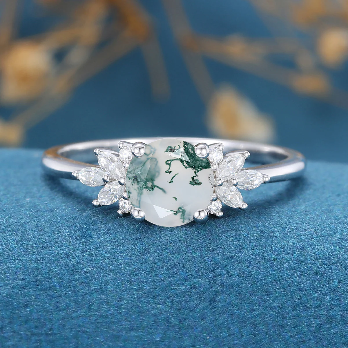 Round Cut Natural Green Moss Agate Cluster Engagement Ring - Image 7
