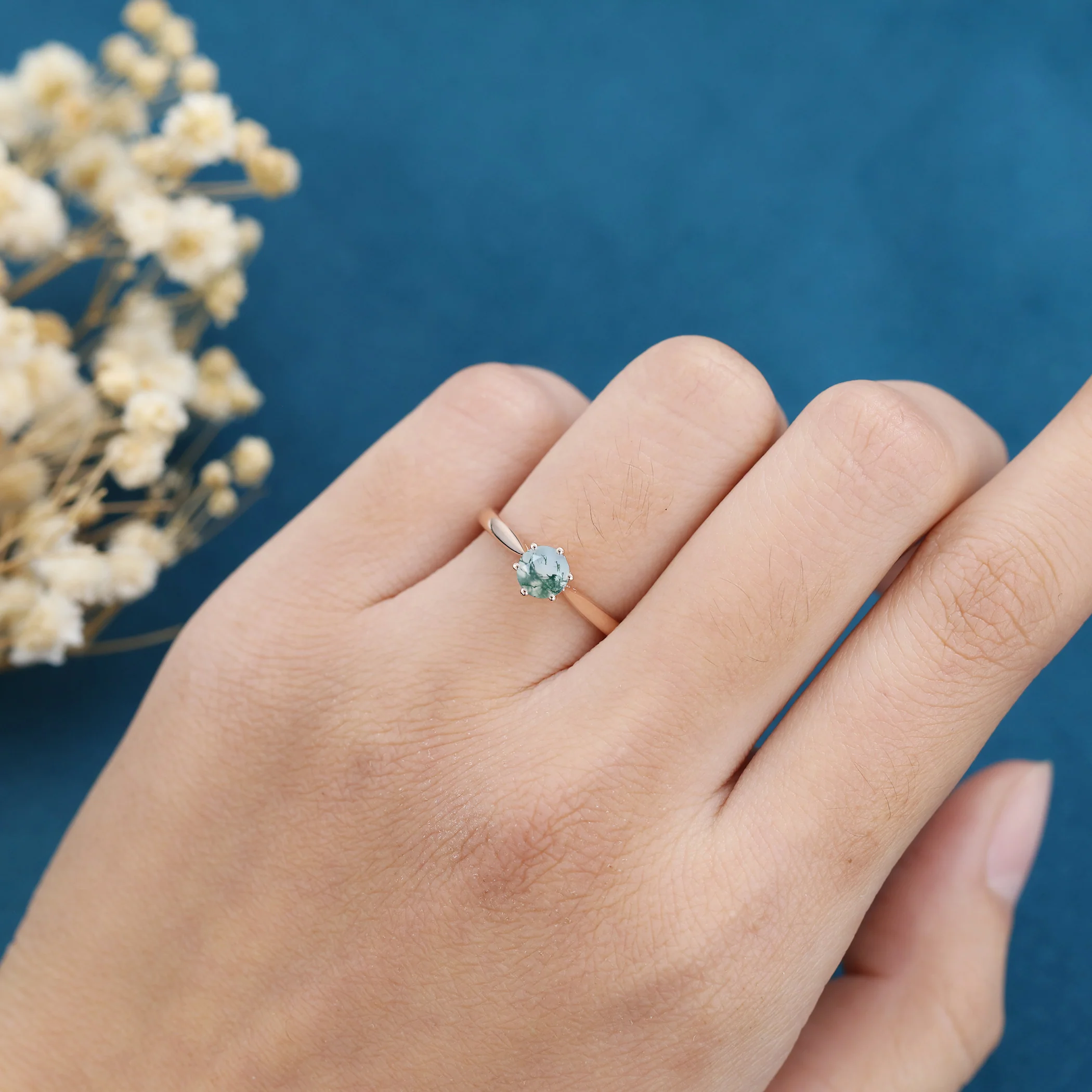 Round Cut Natural Green Moss Agate Engagement Ring - Image 2