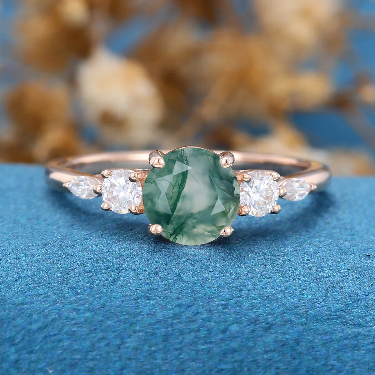 Round Cut Natural Green Moss Agate Cluster Engagement Ring - Image 3