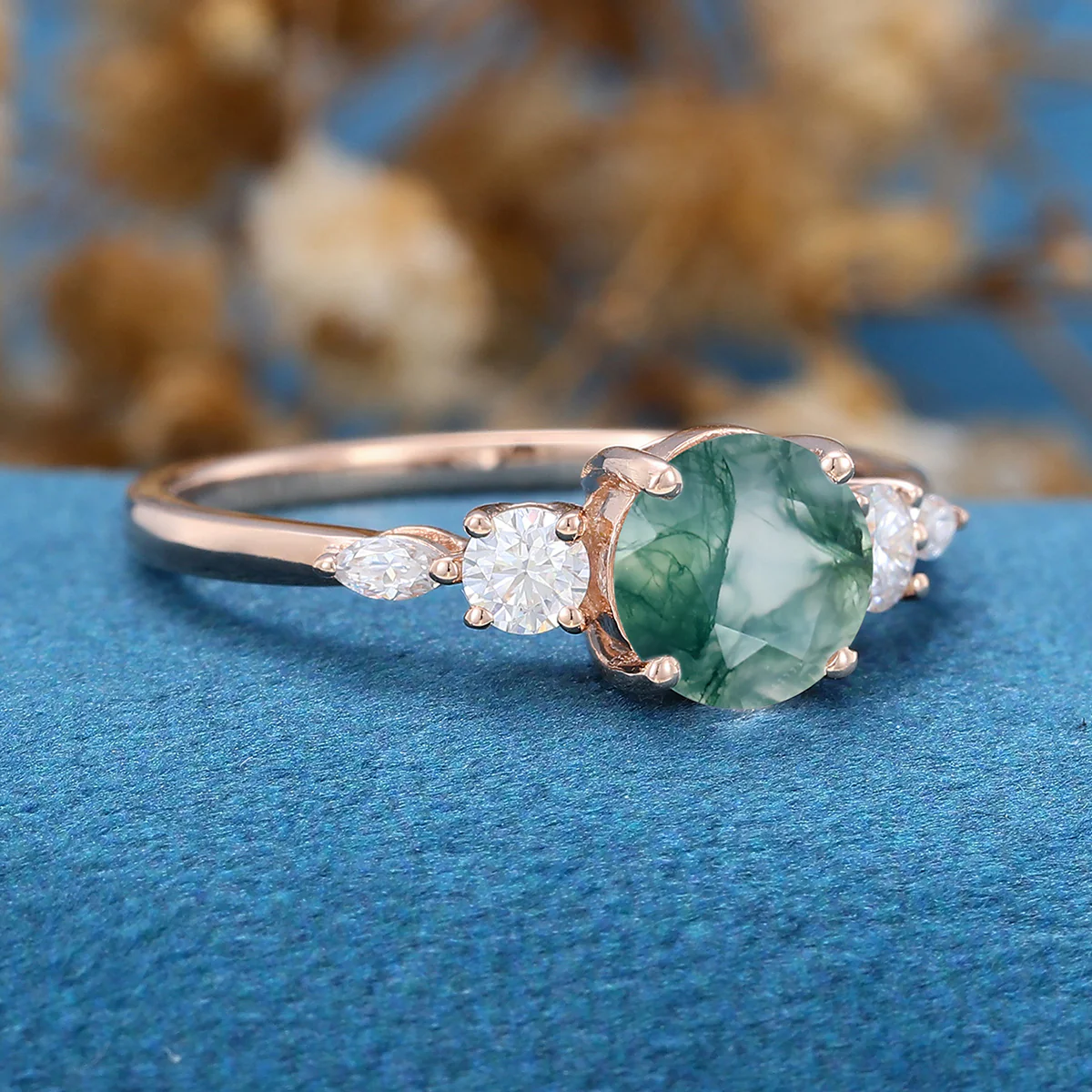 Round Cut Natural Green Moss Agate Cluster Engagement Ring - Image 4