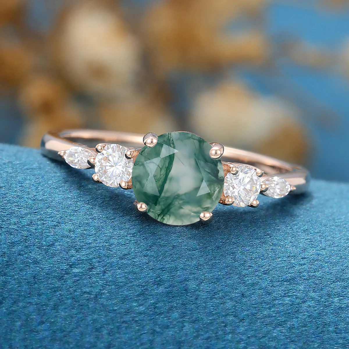 Round Cut Natural Green Moss Agate Cluster Engagement Ring - Image 5