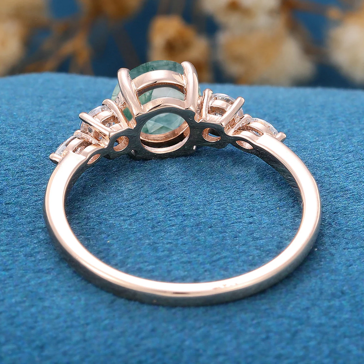 Round Cut Natural Green Moss Agate Cluster Engagement Ring - Image 6