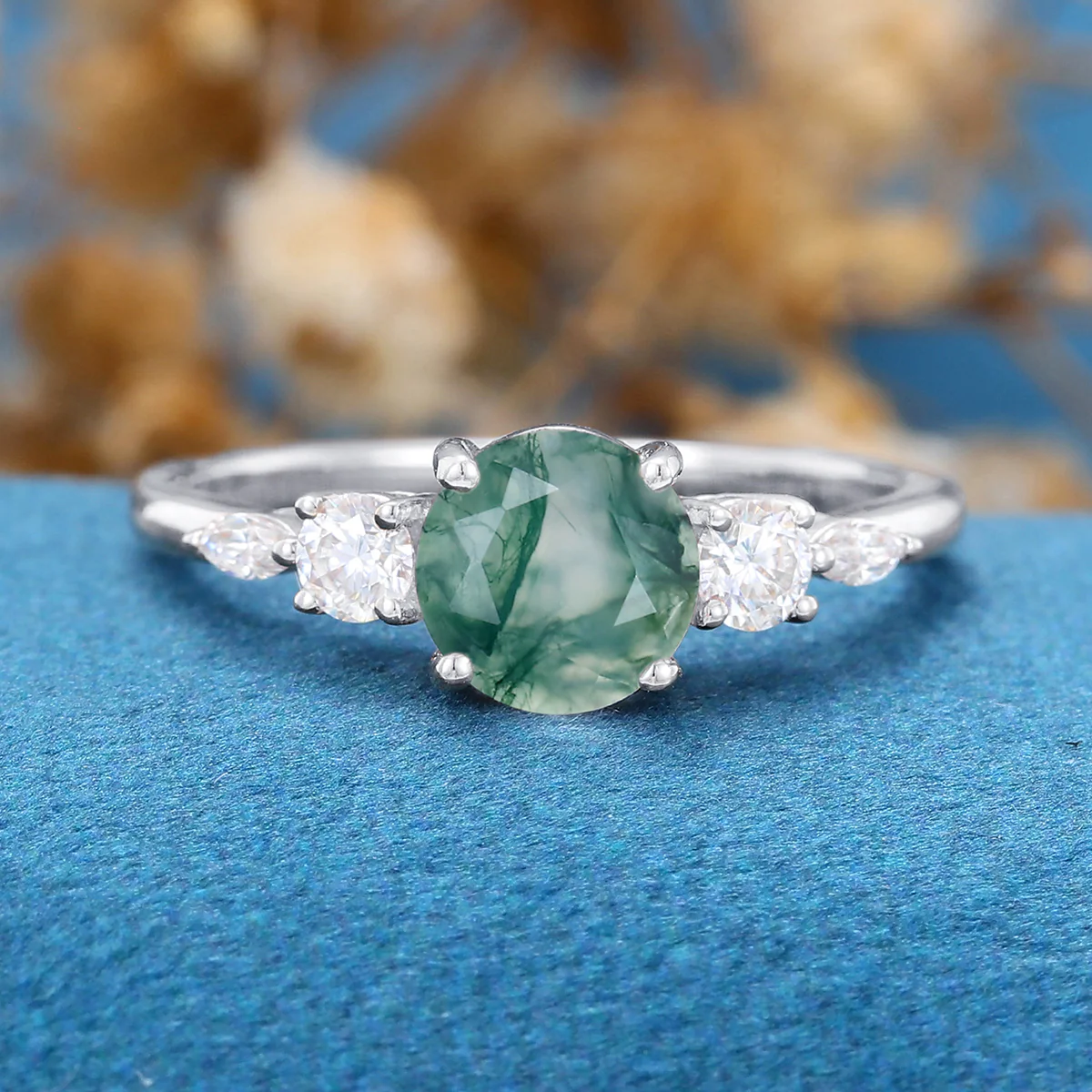 Round Cut Natural Green Moss Agate Cluster Engagement Ring - Image 7