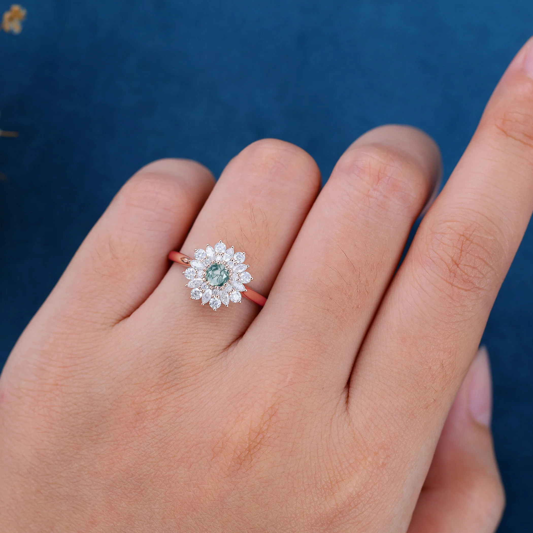 Round Cut Natural Green Moss Agate Cluster Engagement Ring - Image 2