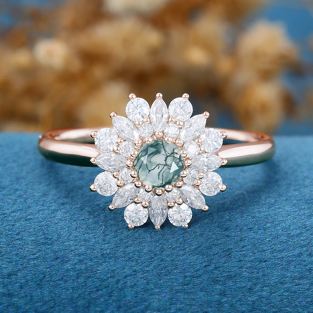 Round Cut Natural Green Moss Agate Cluster Engagement Ring - Image 3
