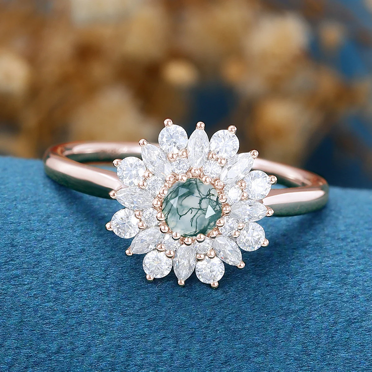 Round Cut Natural Green Moss Agate Cluster Engagement Ring - Image 4