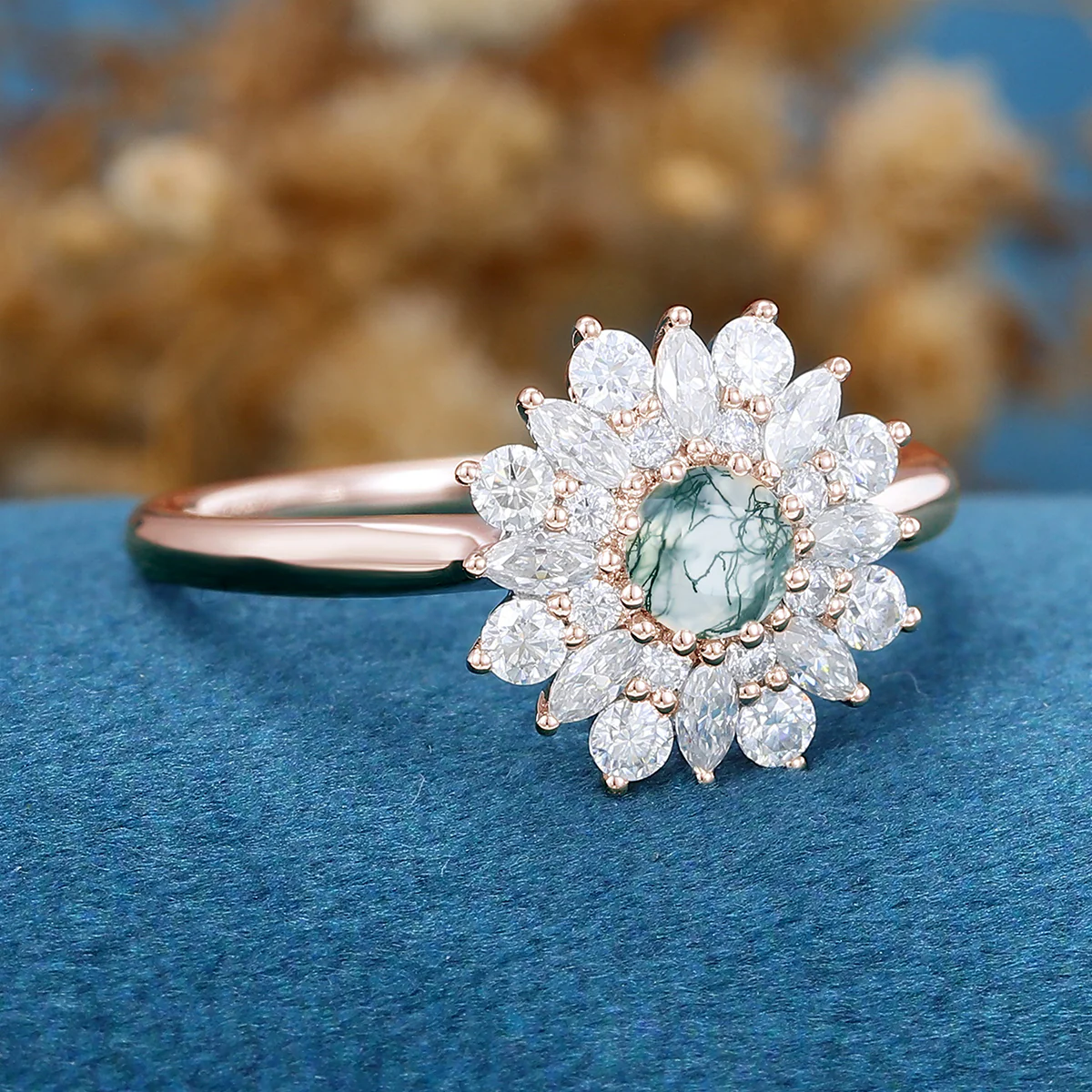 Round Cut Natural Green Moss Agate Cluster Engagement Ring - Image 5