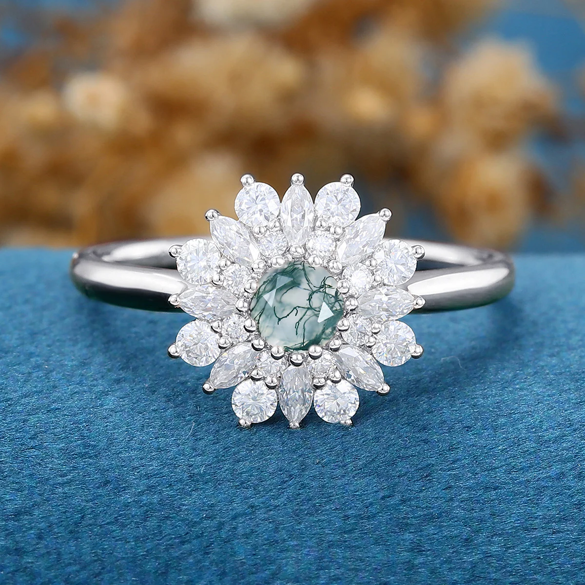 Round Cut Natural Green Moss Agate Cluster Engagement Ring - Image 7