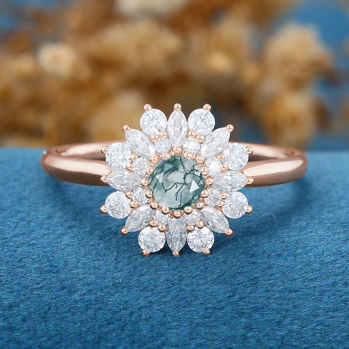 Round Cut Natural Green Moss Agate Cluster Engagement Ring - Image 8