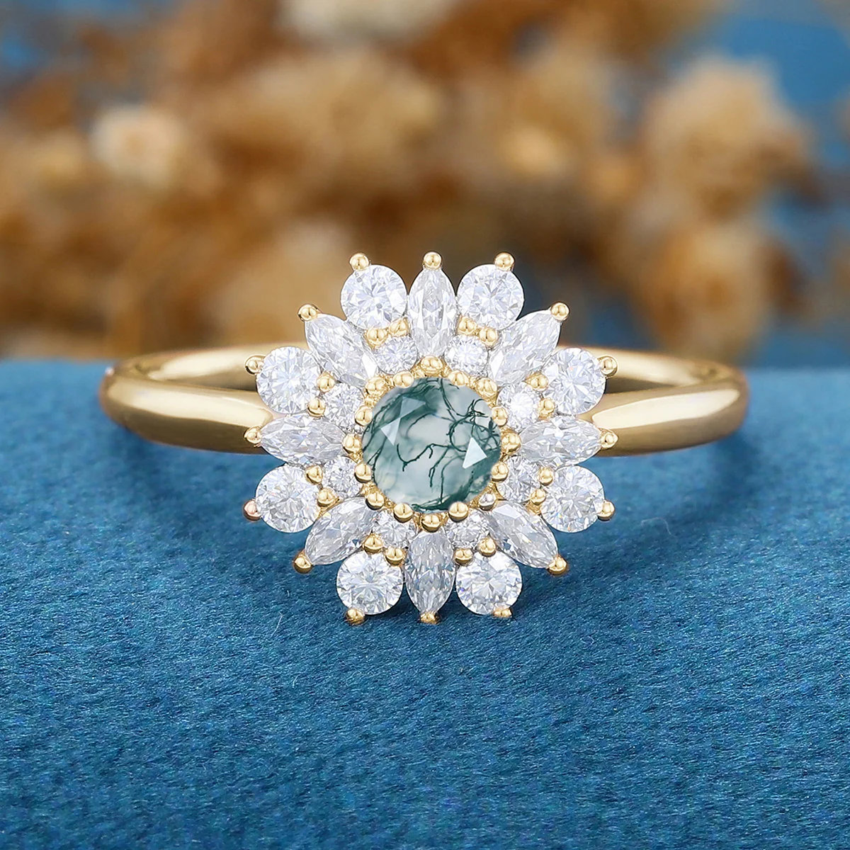 Round Cut Natural Green Moss Agate Cluster Engagement Ring - Image 9